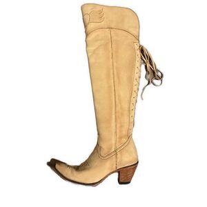 Junk Gypsy Genuine Leather Solid Beige Lace Up Over Knee Western Boots 8.5